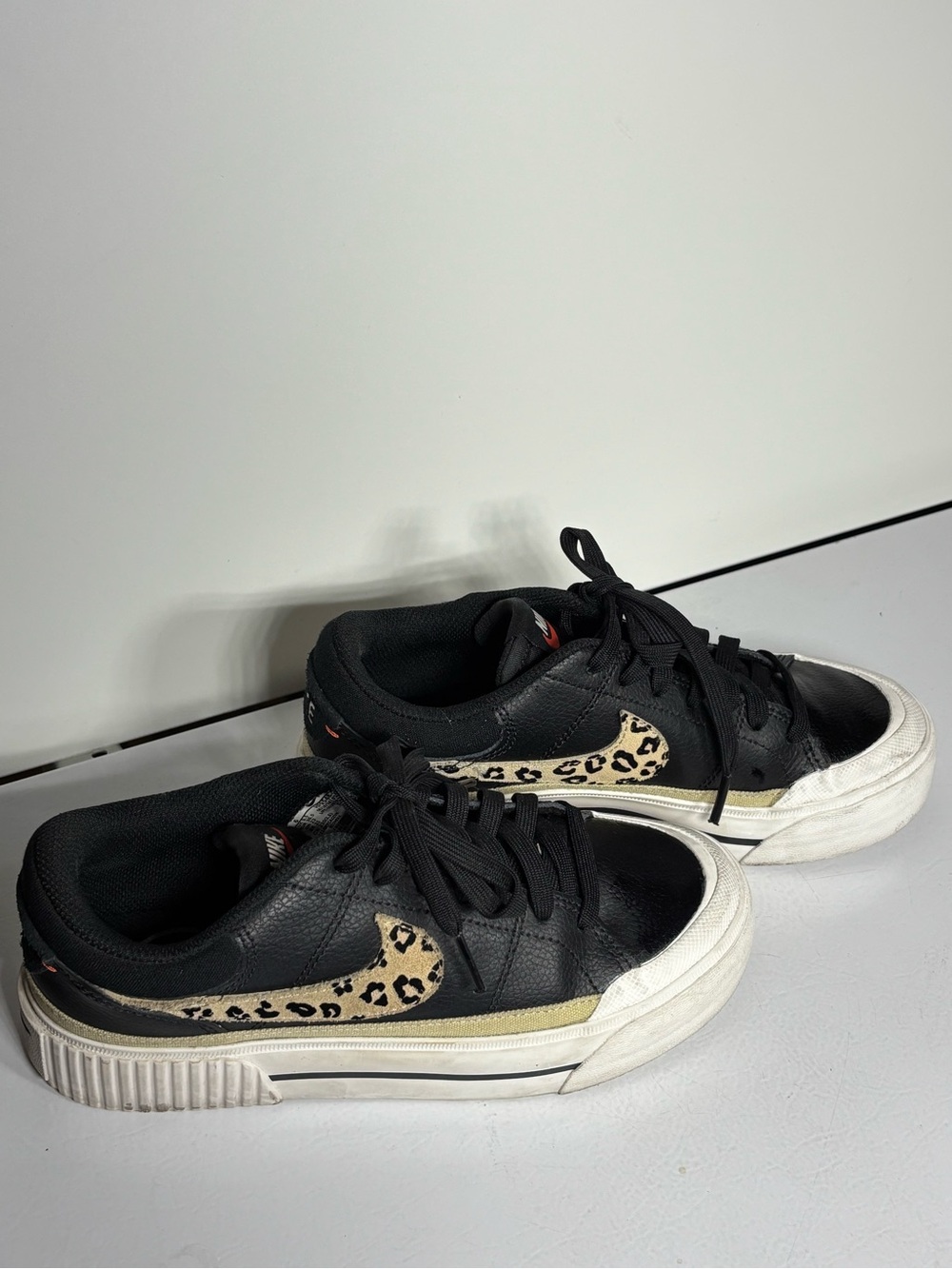 Nike Black Court Legacy Lift Sneakers with Leopard Print Swoosh and White Soles